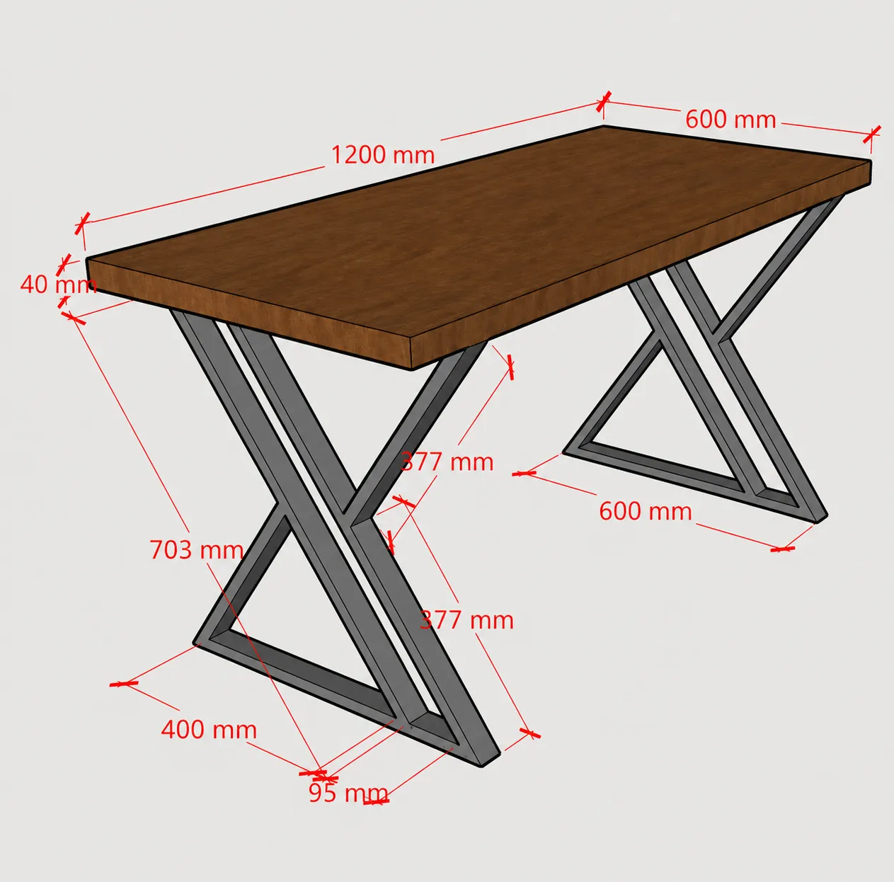 Projeto de mesa industrial com medidas